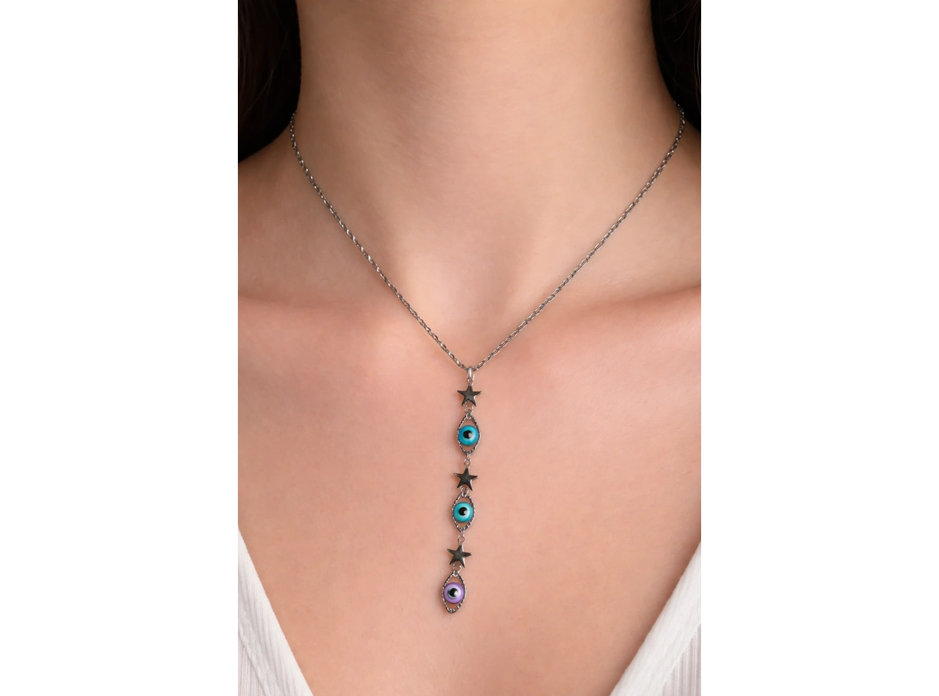 Gümüş Renk Yıldız Ve Göz Figürlü Çelik Y Kolye