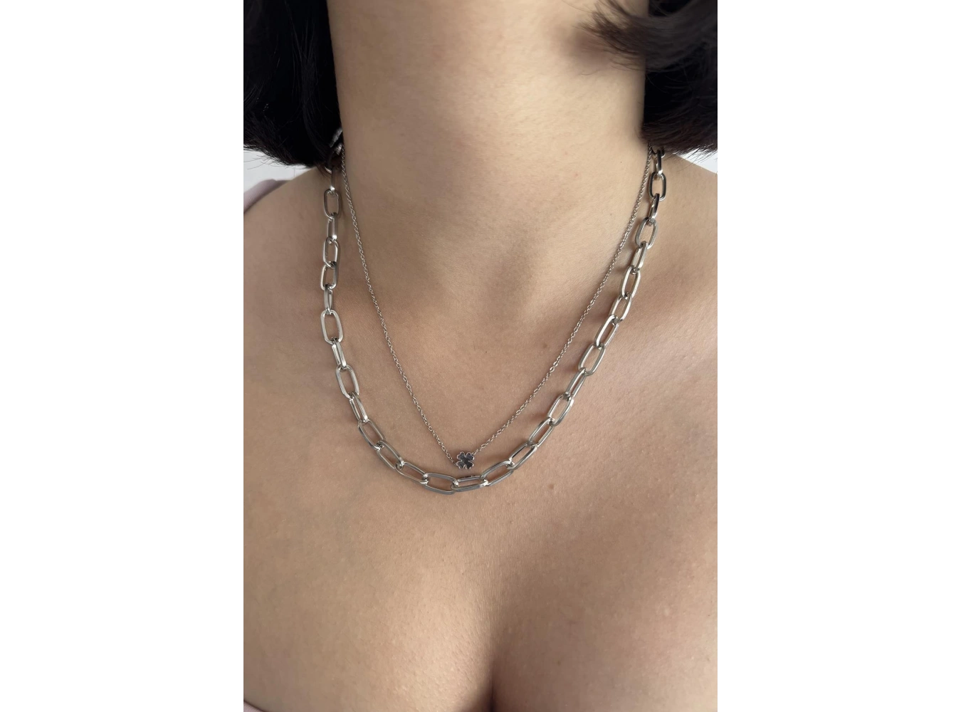 Gümüş Renk Yonca Figürlü İkili Kolye