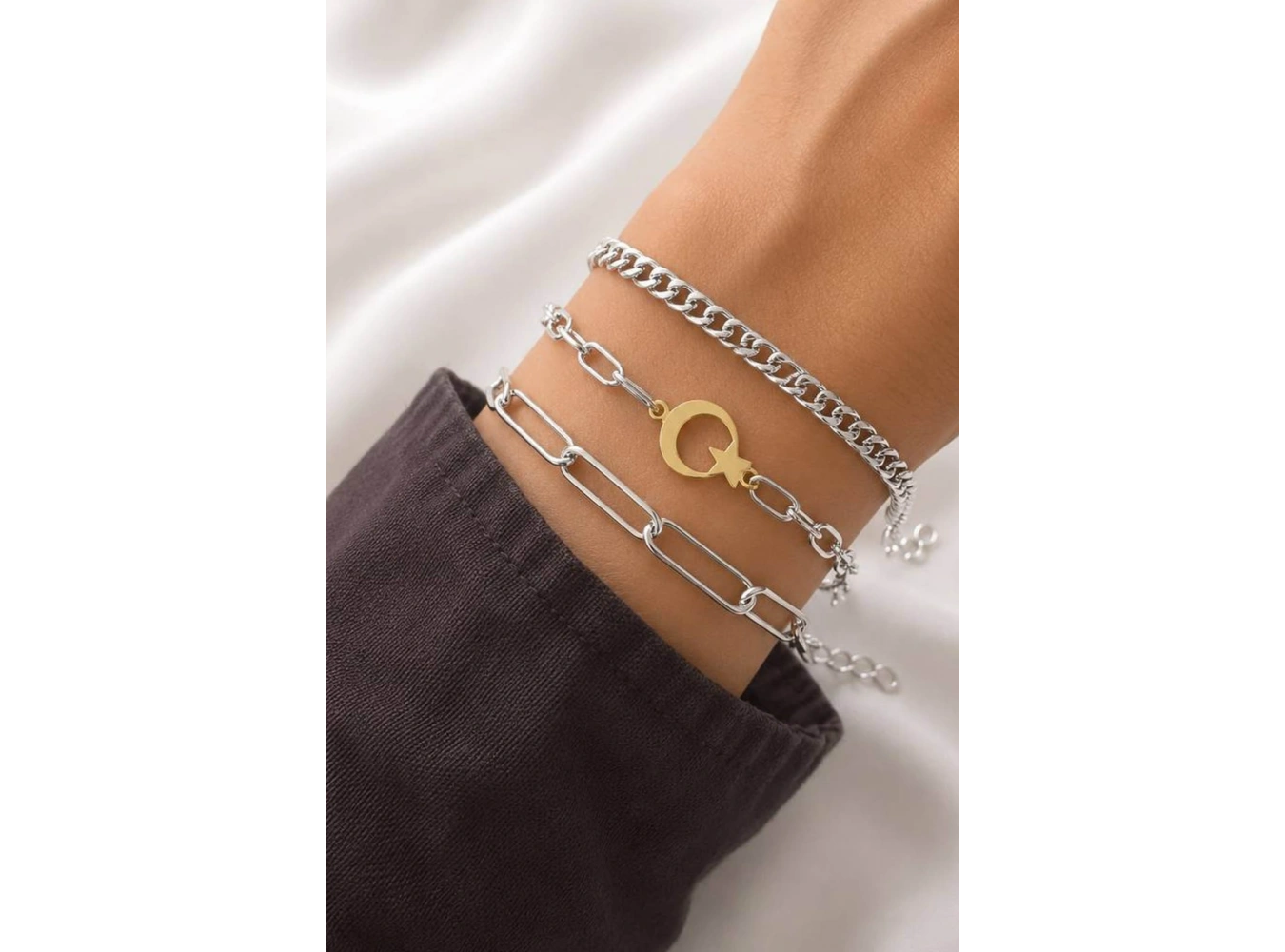 Gümüş Renk  Zincir Detaylı 3lü Bileklik Set