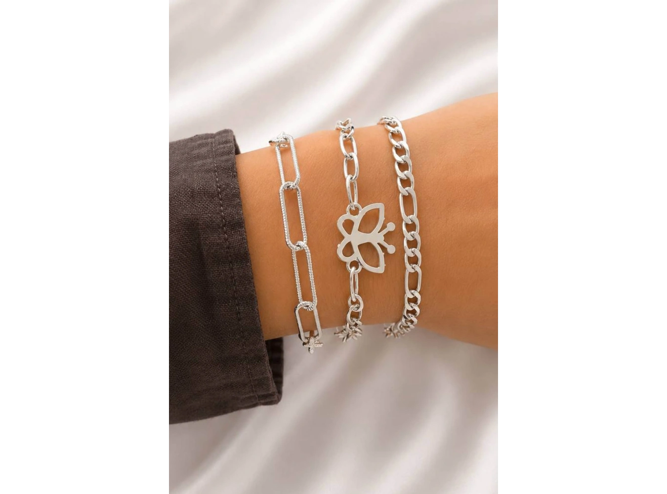 Gümüş Renk  Zincir Detaylı 3lü Bileklik Set