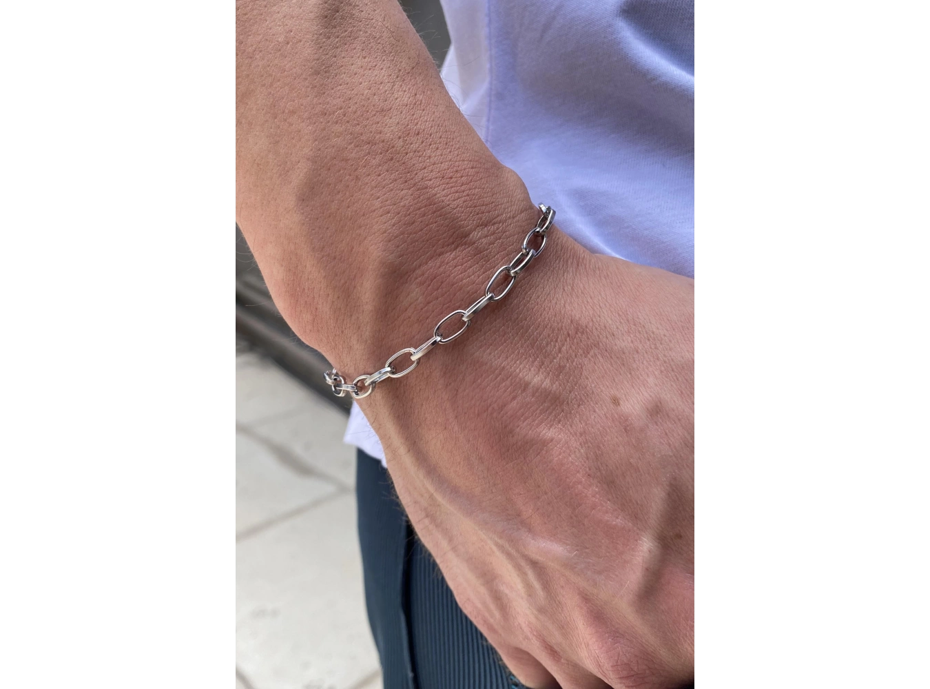 Gümüş Renk Zincir Detaylı Çelik Bileklik (Unisex)