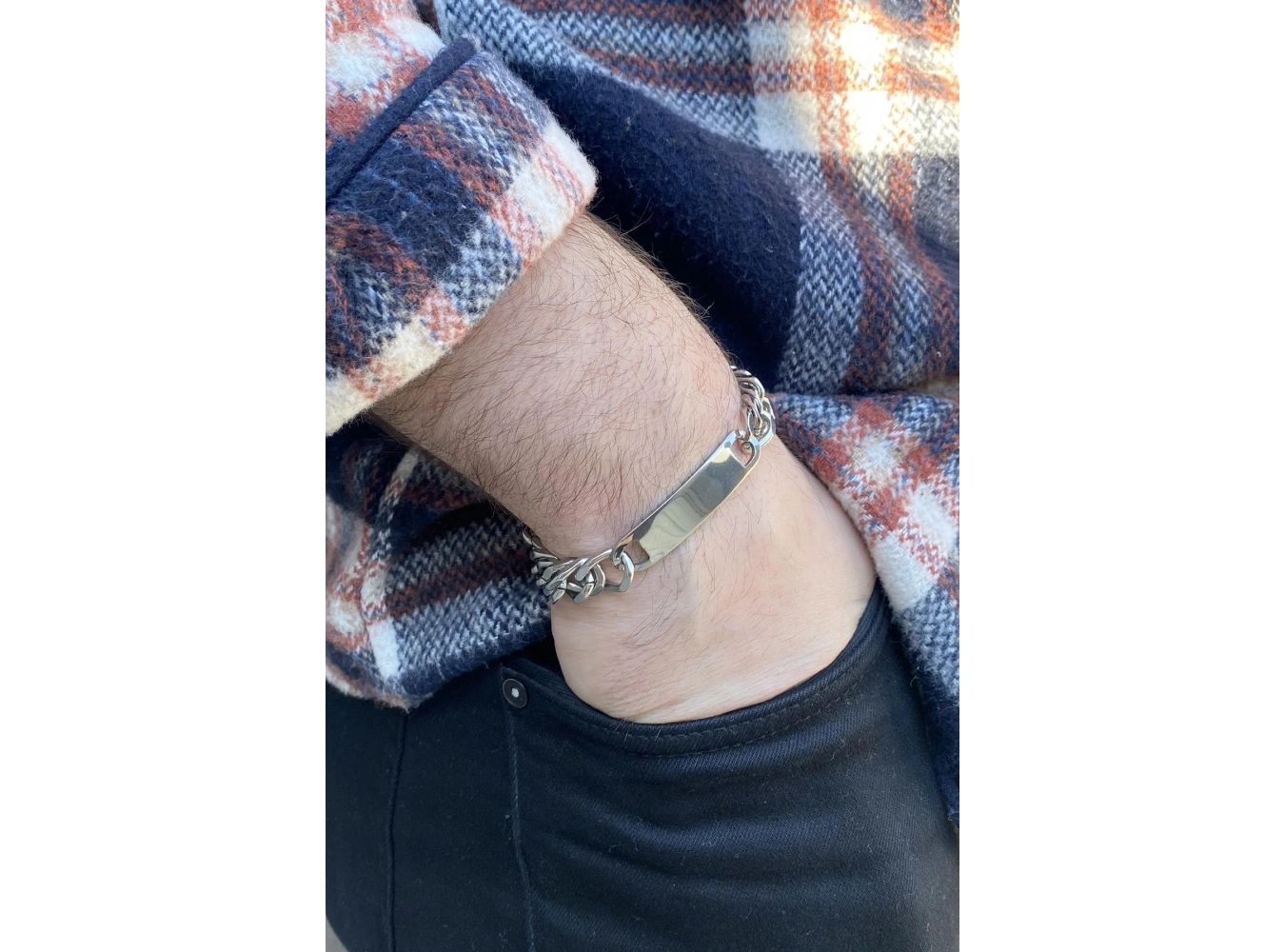 Gümüş Renk Zincir Detaylı Çelik Bileklik (Unisex)