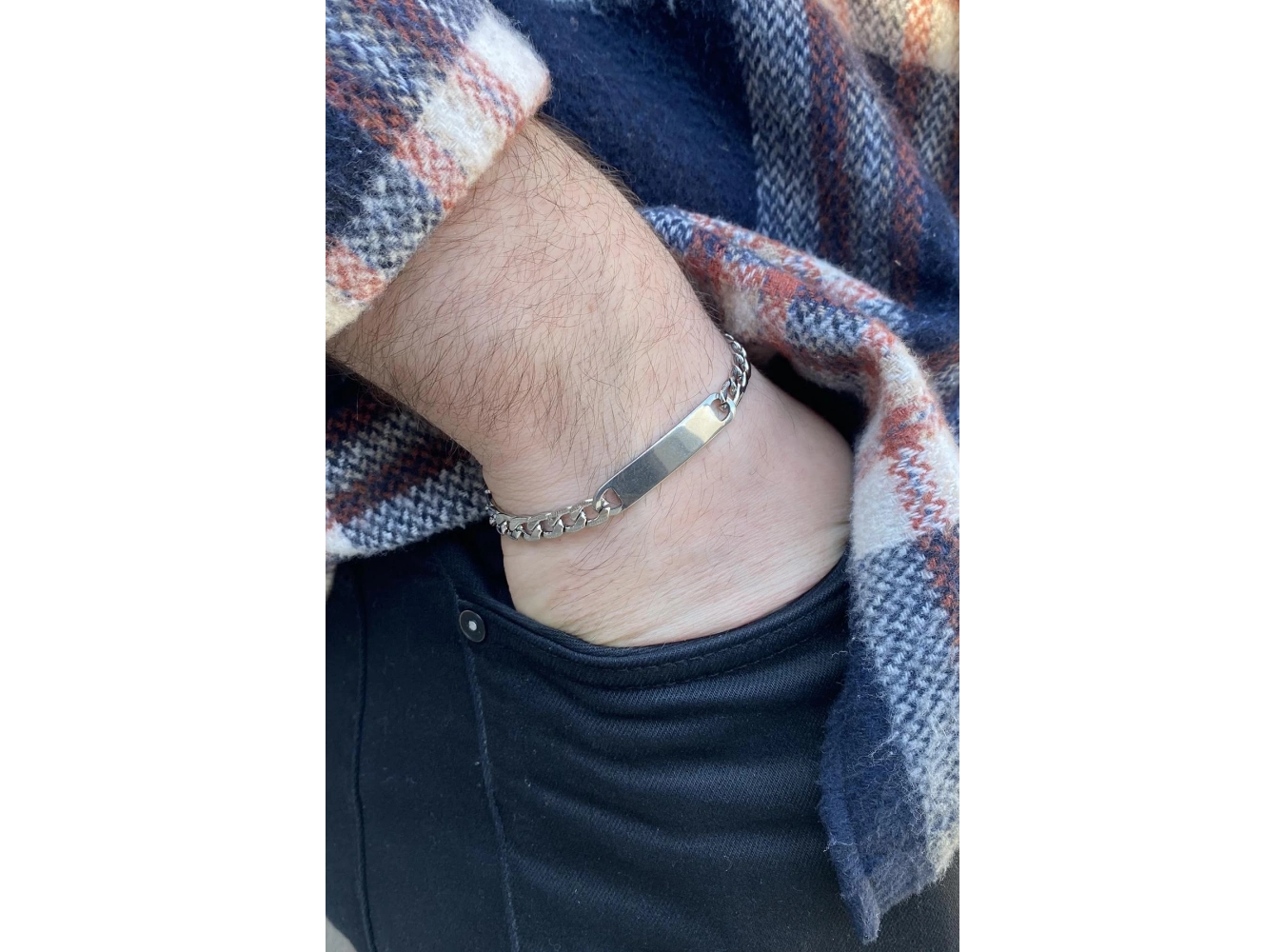 Gümüş Renk Zincir Detaylı Çelik Bileklik (Unisex)