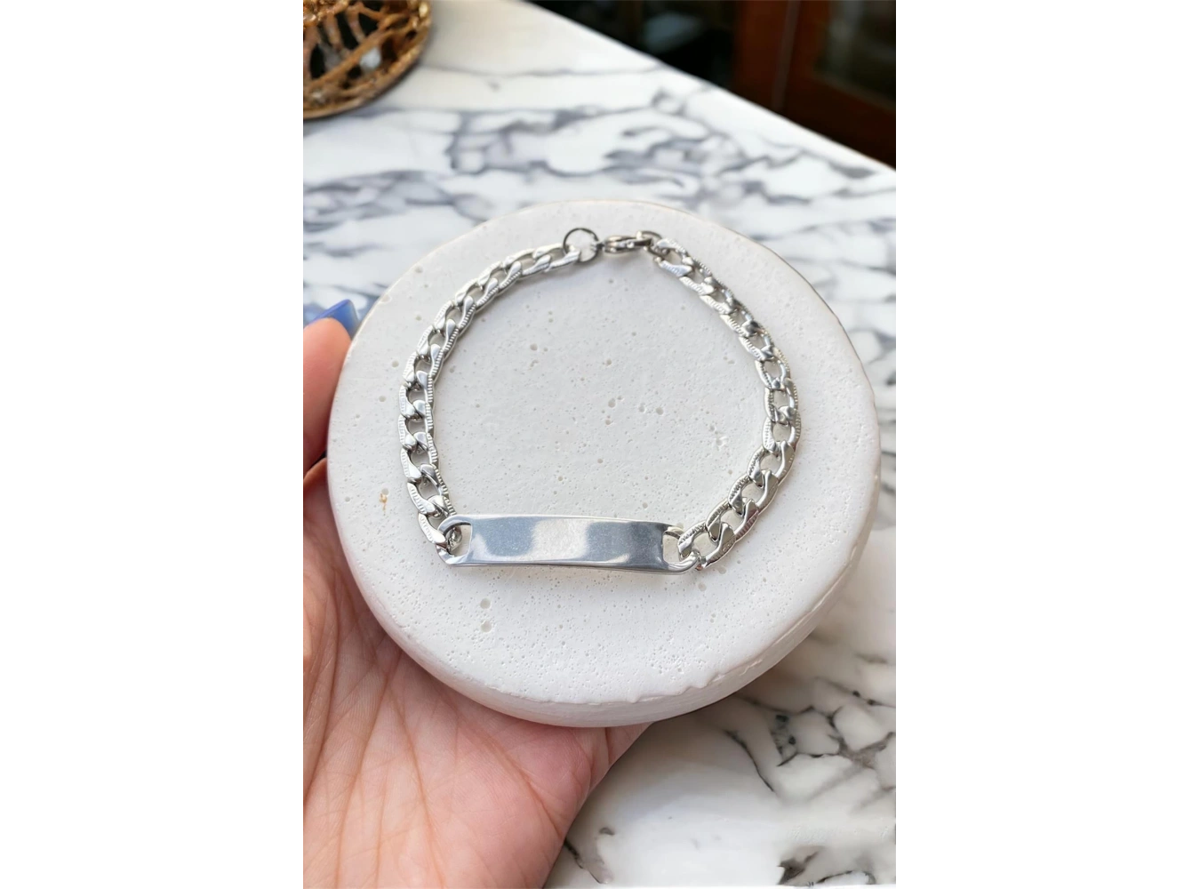 Gümüş Renk Zincir Detaylı Çelik Bileklik (Unisex)