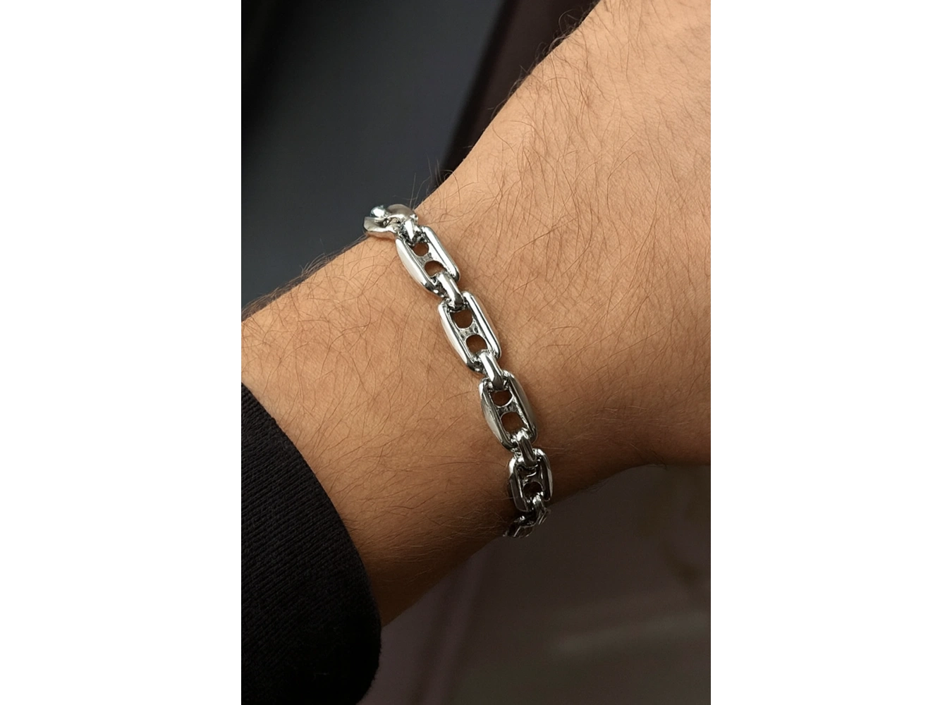Gümüş Renk Zincir Detaylı Çelik Erkek Bileklik