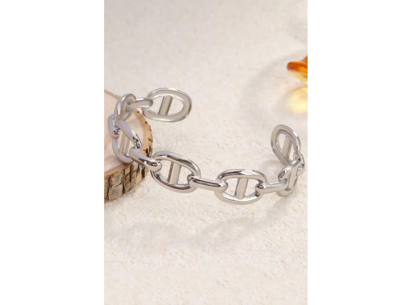 Gümüş Renk Zincir Detaylı Çelik Kelepçe Bileklik