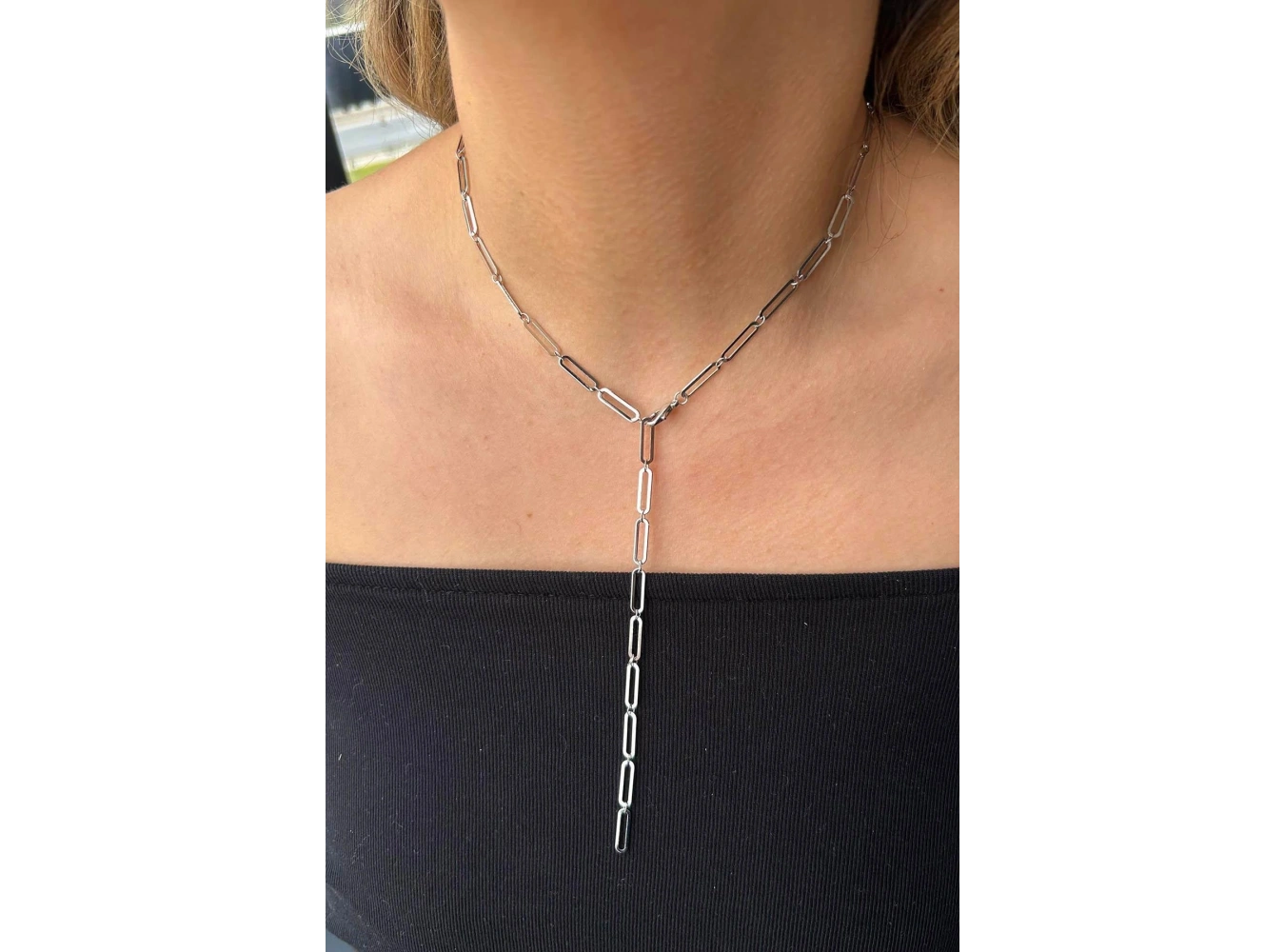 Gümüş Renk Zincir Detaylı Çelik Y Kolye