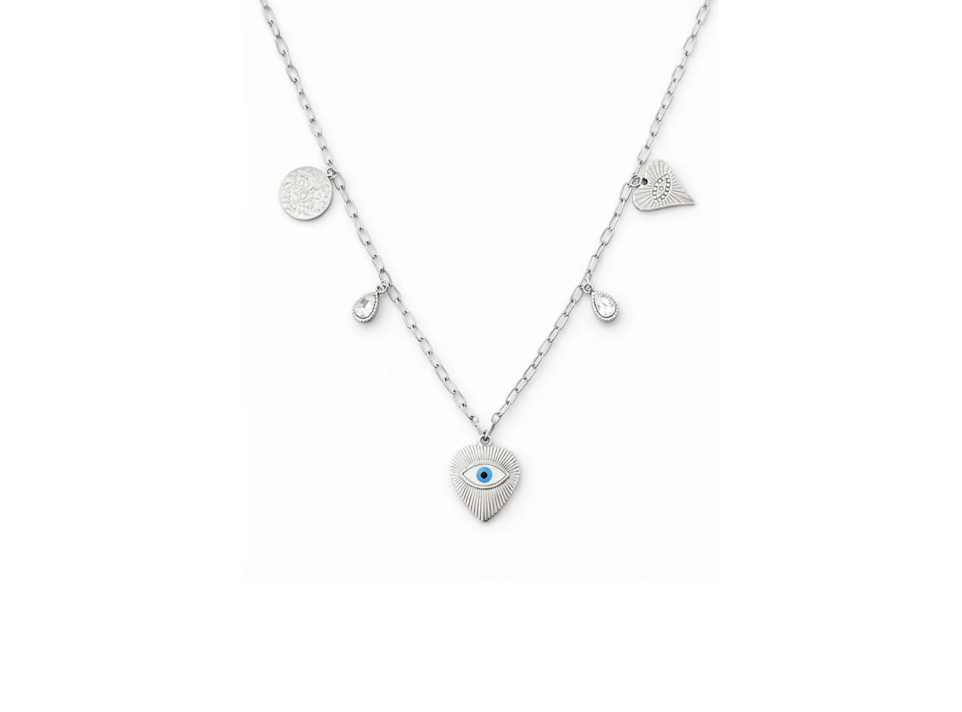 Gümüş Renk Zincir Detaylı Karışık Charmlı Çelik Kolye