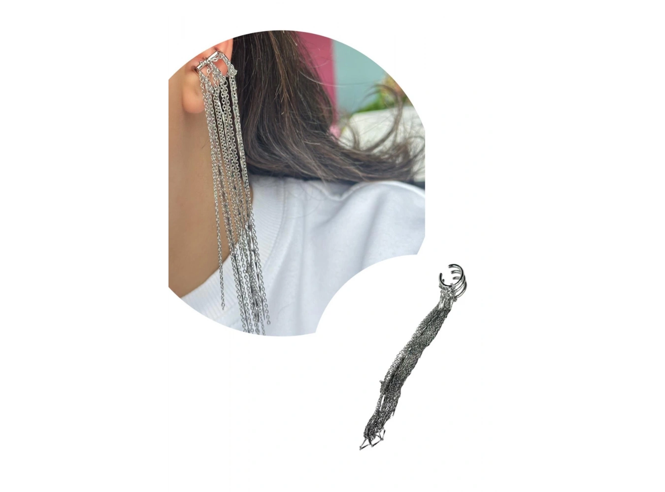 Gümüş Renk Zincir Detaylı Sallantılı Ear Cuff (Tek)