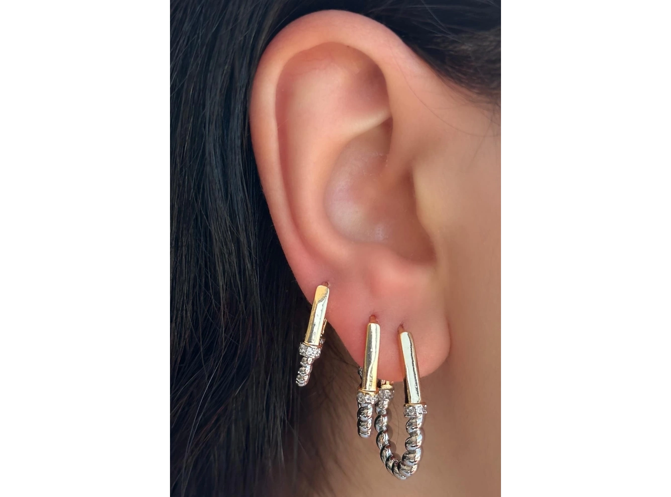 Gümüş Ve Altın Renk Burgu Detaylı 3lü YSX Küpe Set