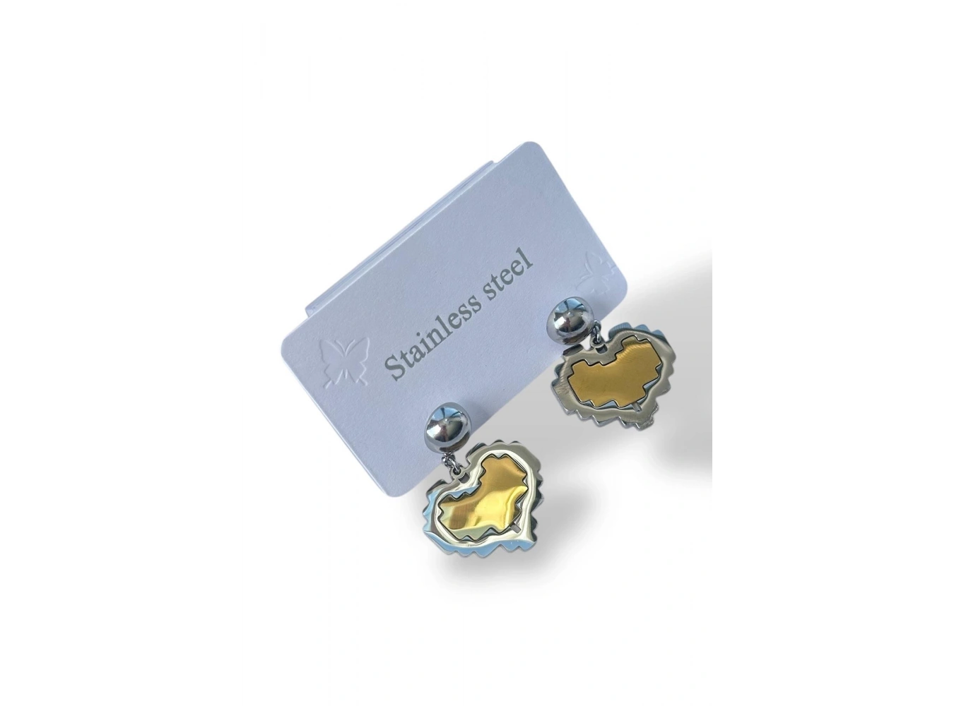 Gümüş Ve Altın Renk Kalp Figürlü Çelik Küpe (Çift)