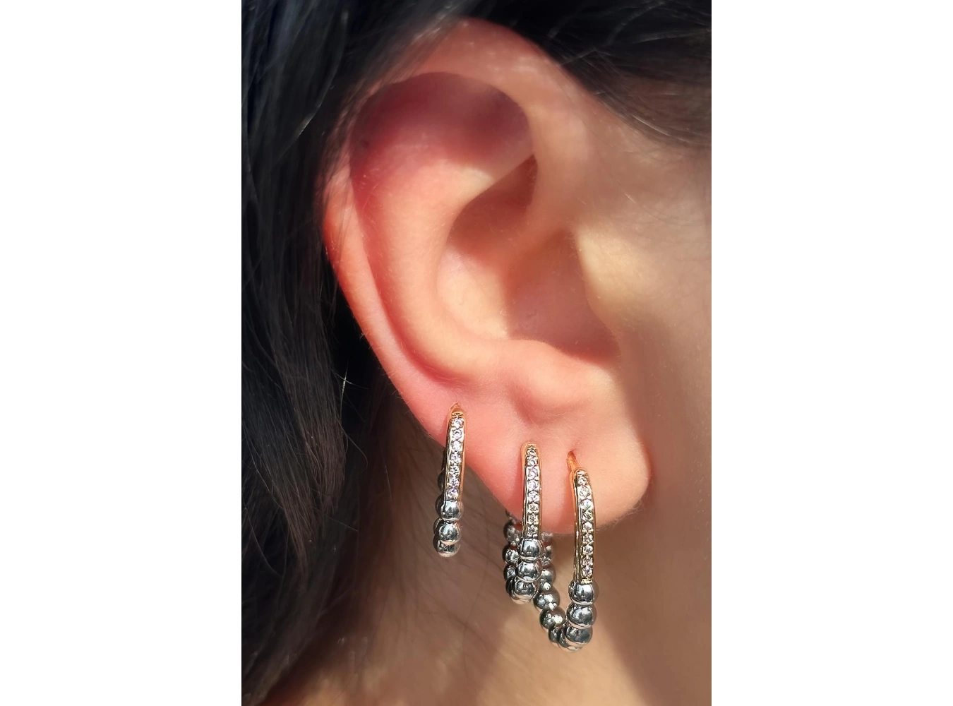 Gümüş Ve Altın Renk Taş Detaylı 3lü YSX Küpe Set