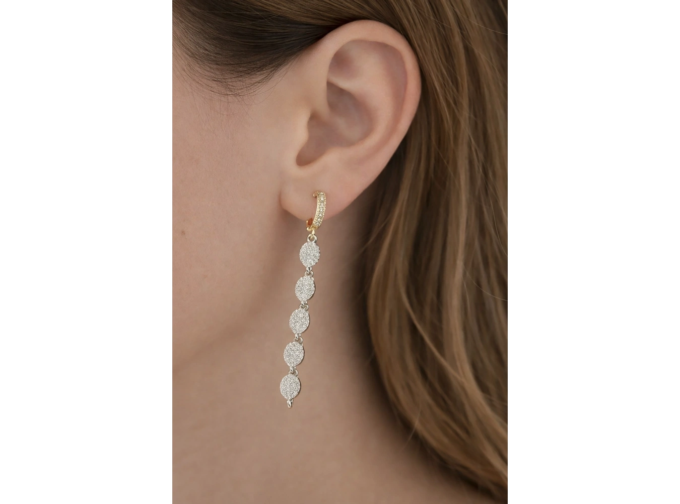 Gümüş Ve Altın Renk Taş Detaylı Sallantılı 14K Altın Kaplama Küpe (Çift)