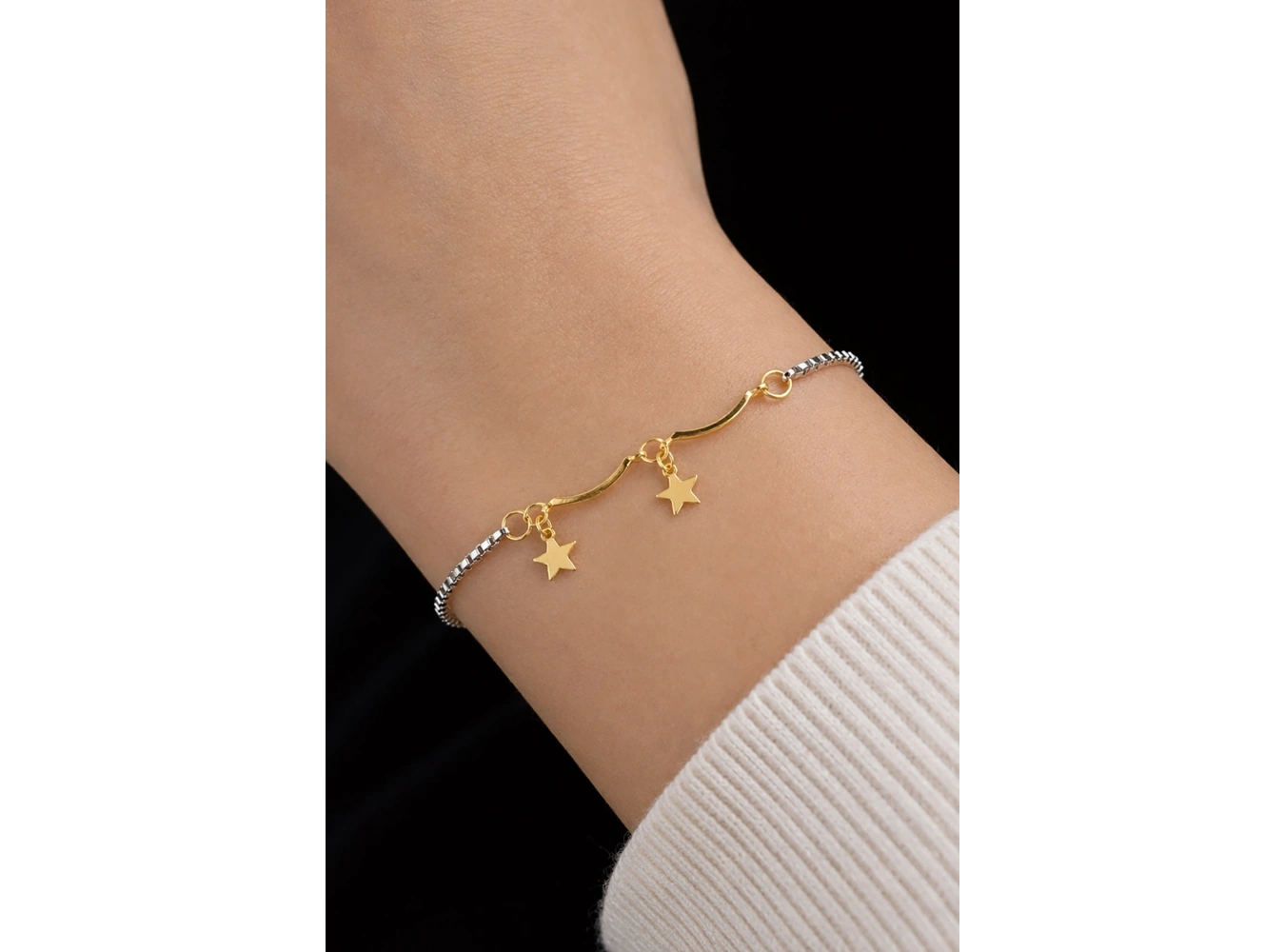 Gümüş Ve Altın Renk Yıldız Figürlü Çelik Bileklik