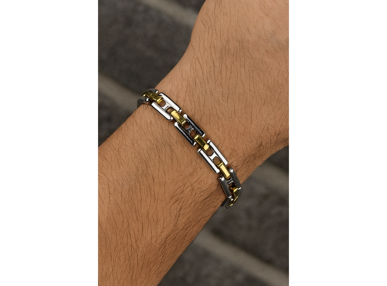 Gümüş Ve Altın Renk Zincir Detaylı Çelik Erkek Bileklik