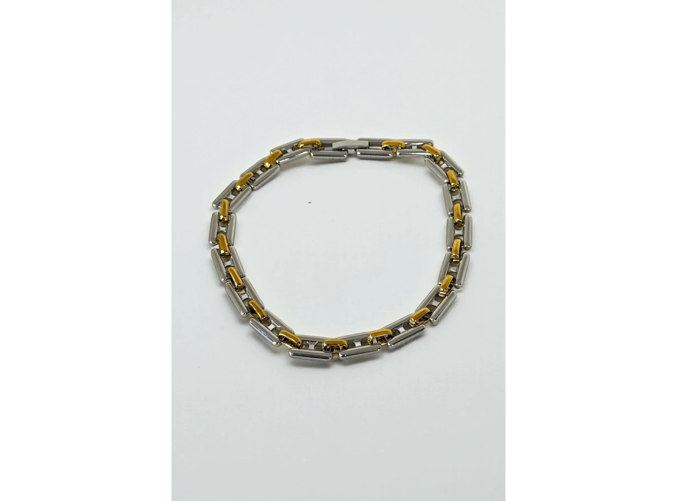 Gümüş Ve Altın Renk Zincir Detaylı Çelik Erkek Bileklik