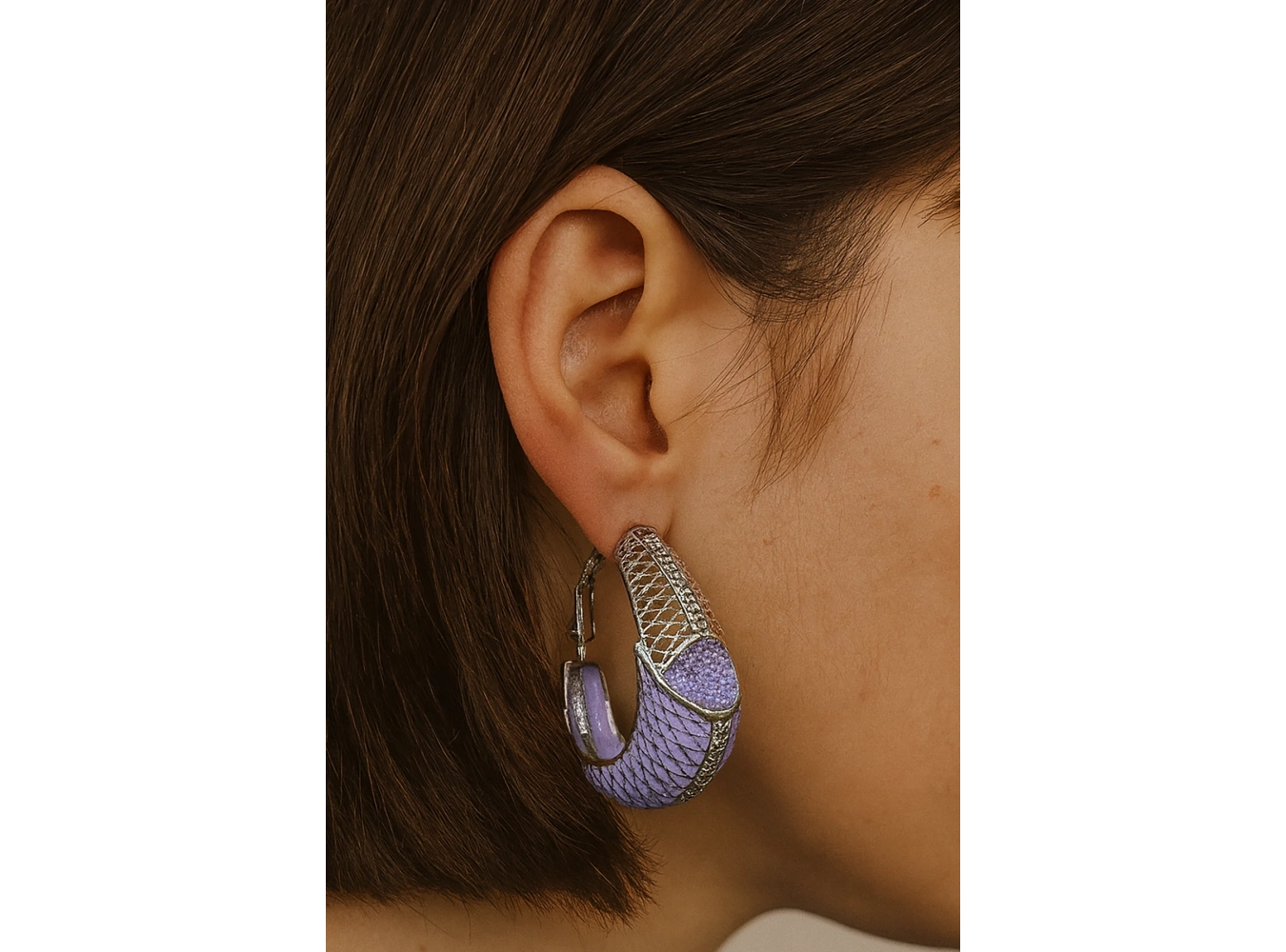 Gümüş Ve Lila Renk 14K Altın Kaplama TX Küpe (Çift)