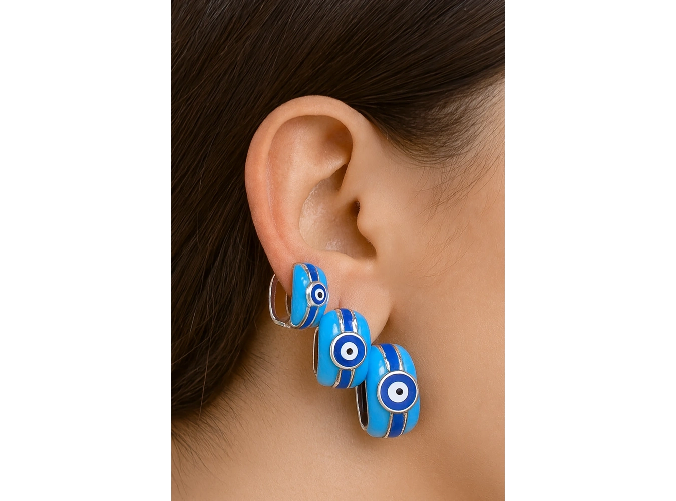 Gümüş Ve Mavi Renk Nazar Boncuk Figürlü 3lü YSX Küpe Set