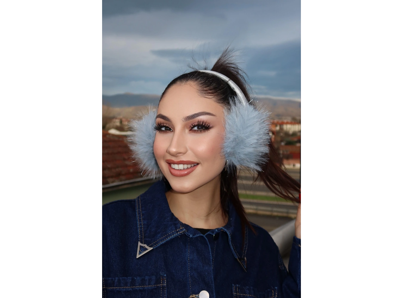 Gümüş Ve Mavi Renk Simli Peluş Kulaklık