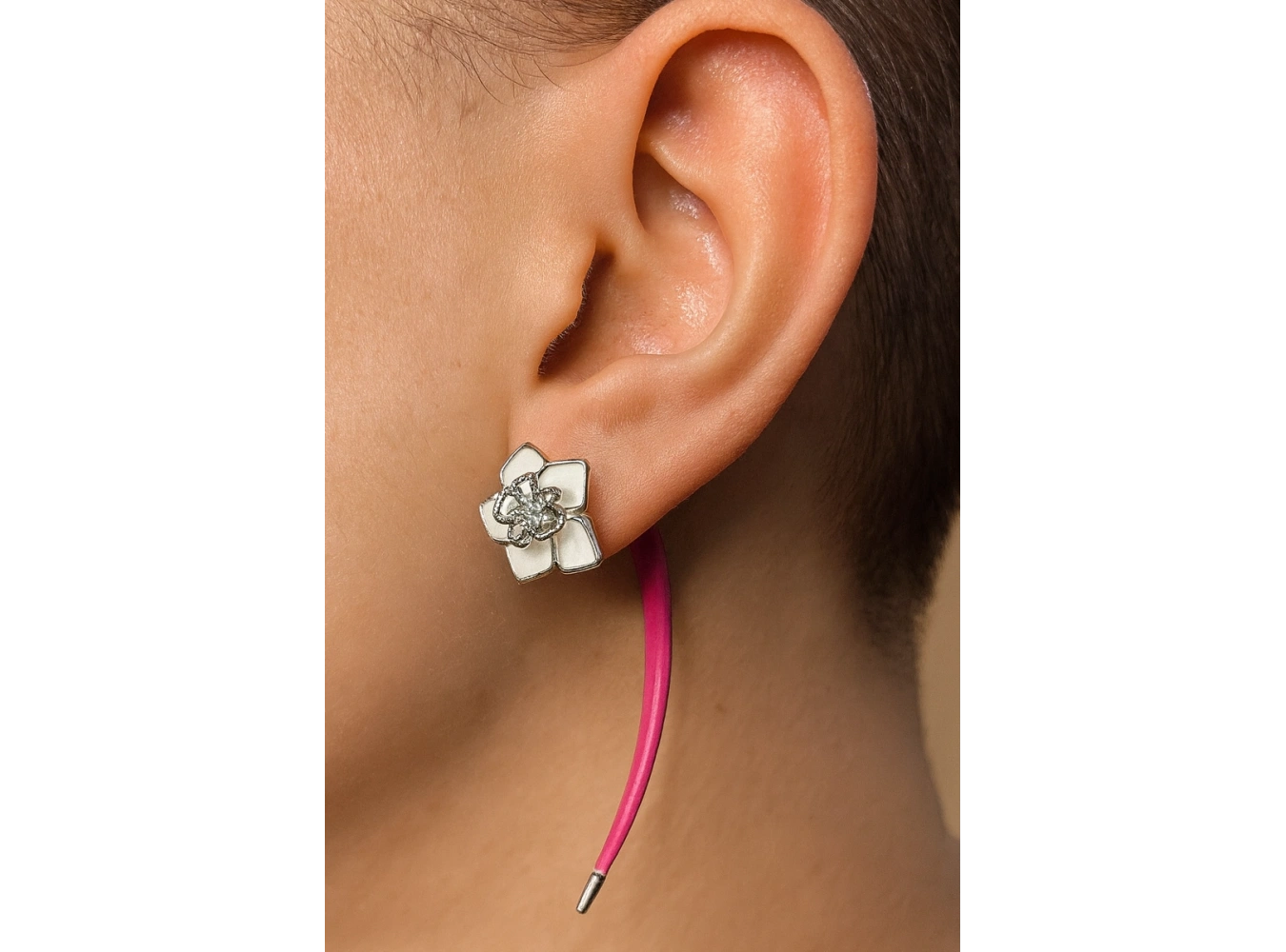 Gümüş Ve Pembe Renk Çiçek Detaylı YSX Küpe (Çift)