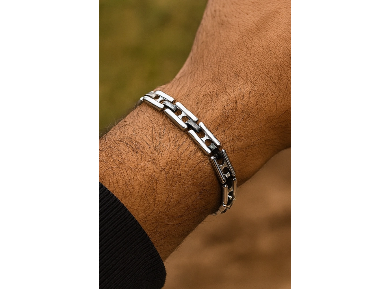 Gümüş Ve Siyah Renk Zincir Detaylı Çelik Erkek Bileklik