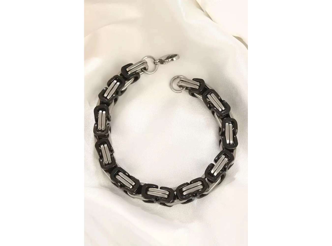 Gümüş Ve Siyah Renk Zincir Detaylı Çelik Erkek Bileklik