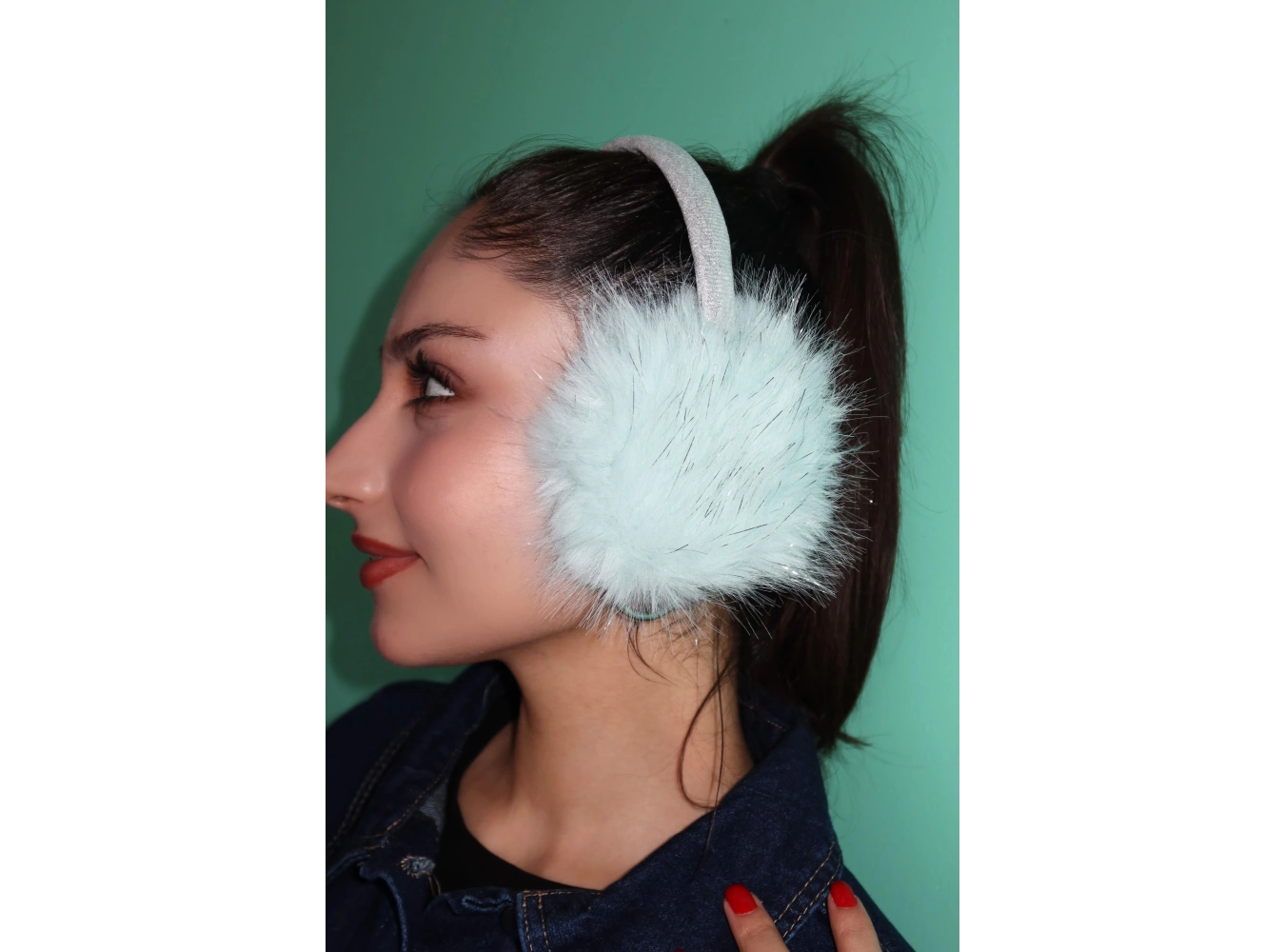 Gümüş Ve Su Yeşili Renk Simli Peluş Kulaklık