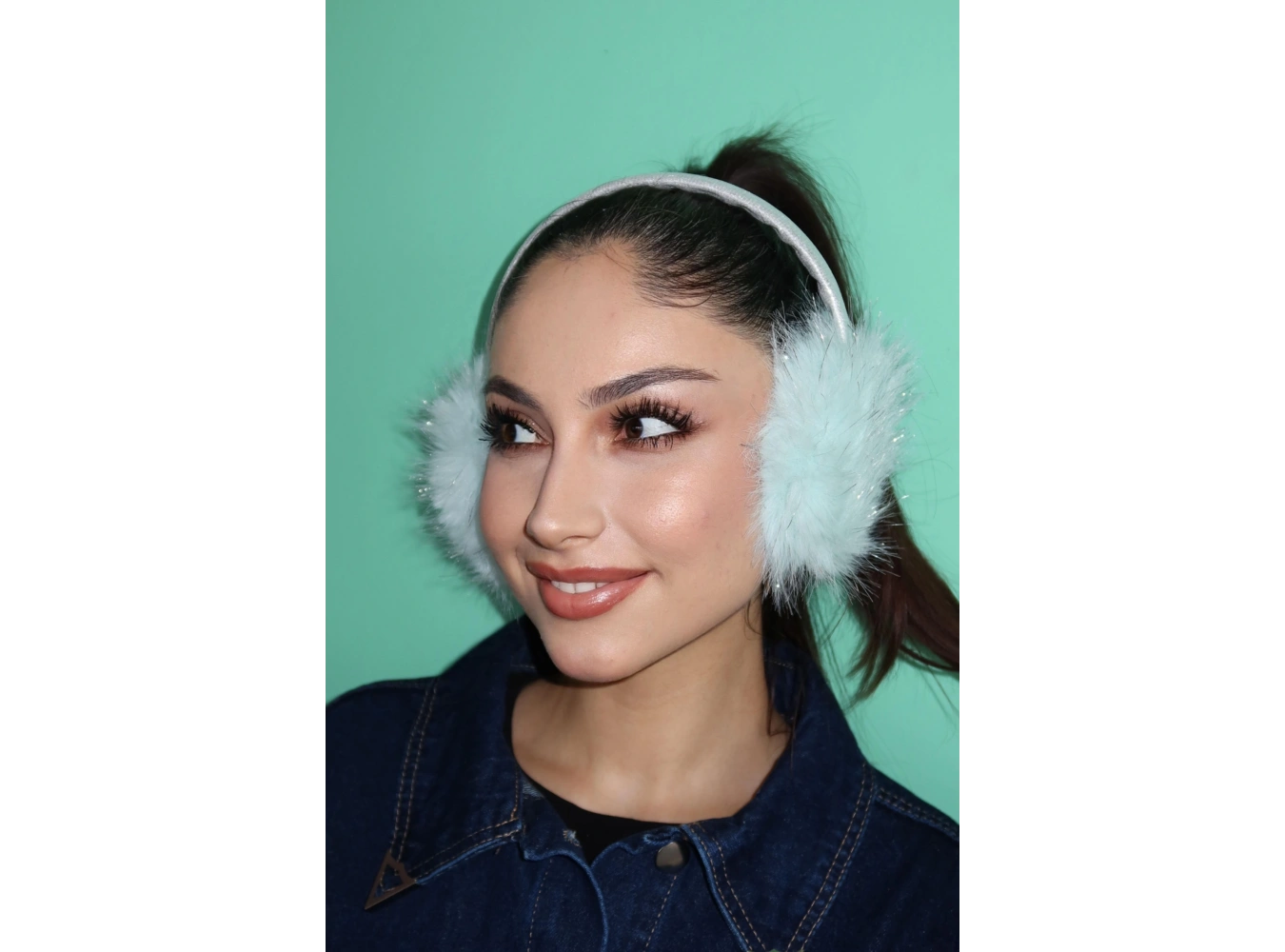 Gümüş Ve Su Yeşili Renk Simli Peluş Kulaklık