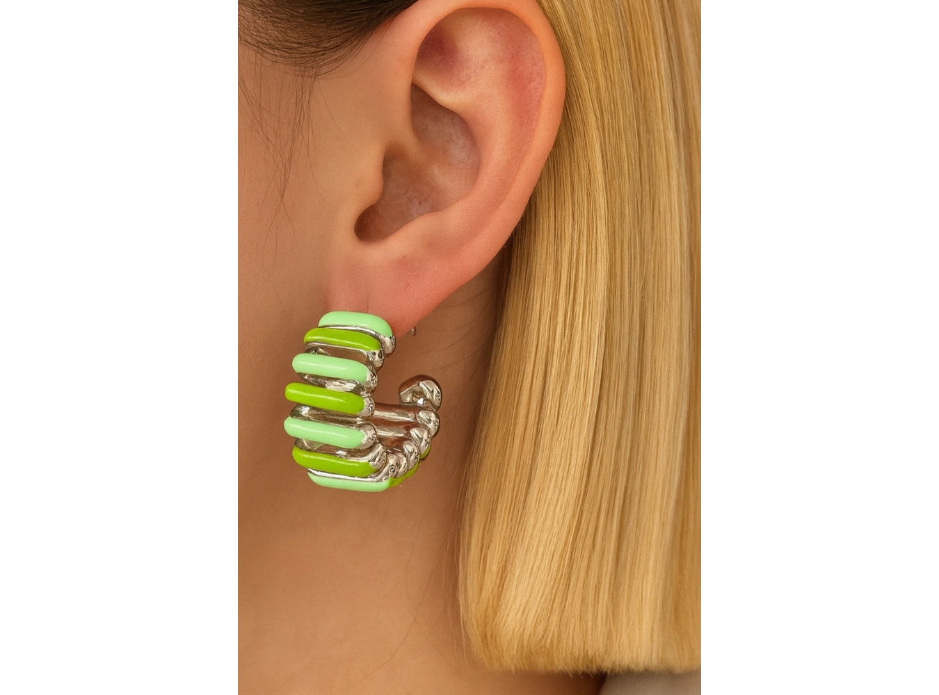 Gümüş Ve Yeşil Renk 14K Altın Kaplama TX Küpe (Çift)