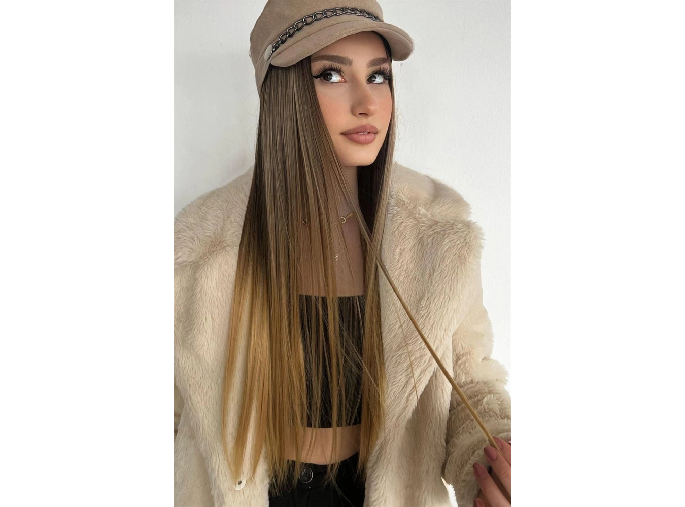 Isıya Dayanıklı Yarım Ay Saç Çıt Çıt / Düz / Kahverengi Sarı Ombreli / 70Cm / 140Gr (HT4T27#)