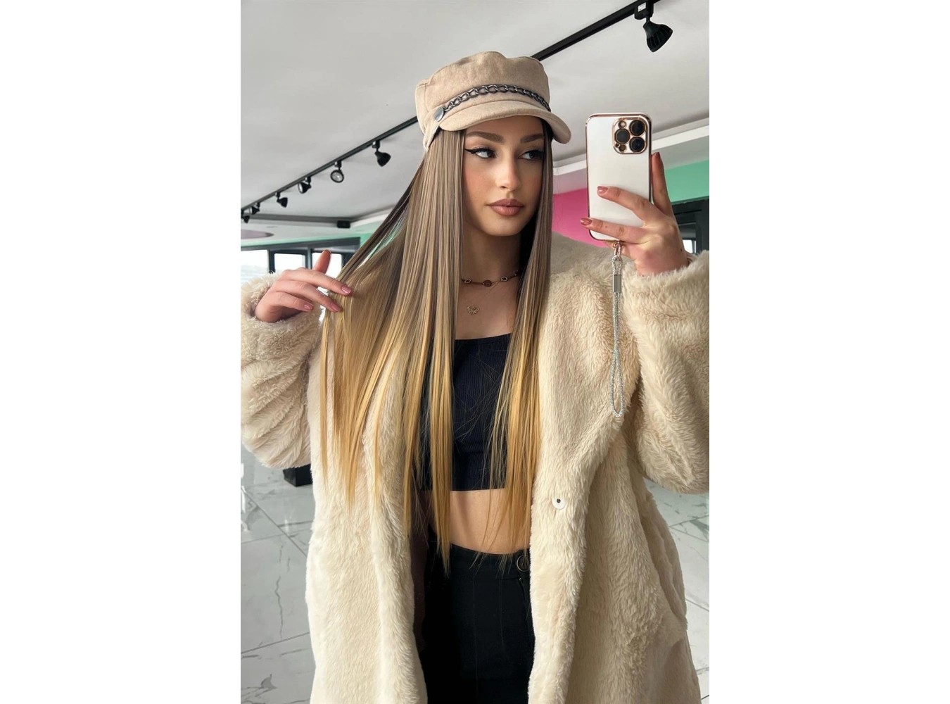 Isıya Dayanıklı Yarım Ay Saç Çıt Çıt / Düz / Kahverengi Sarı Ombreli / 70Cm / 140Gr (HT4T27#)