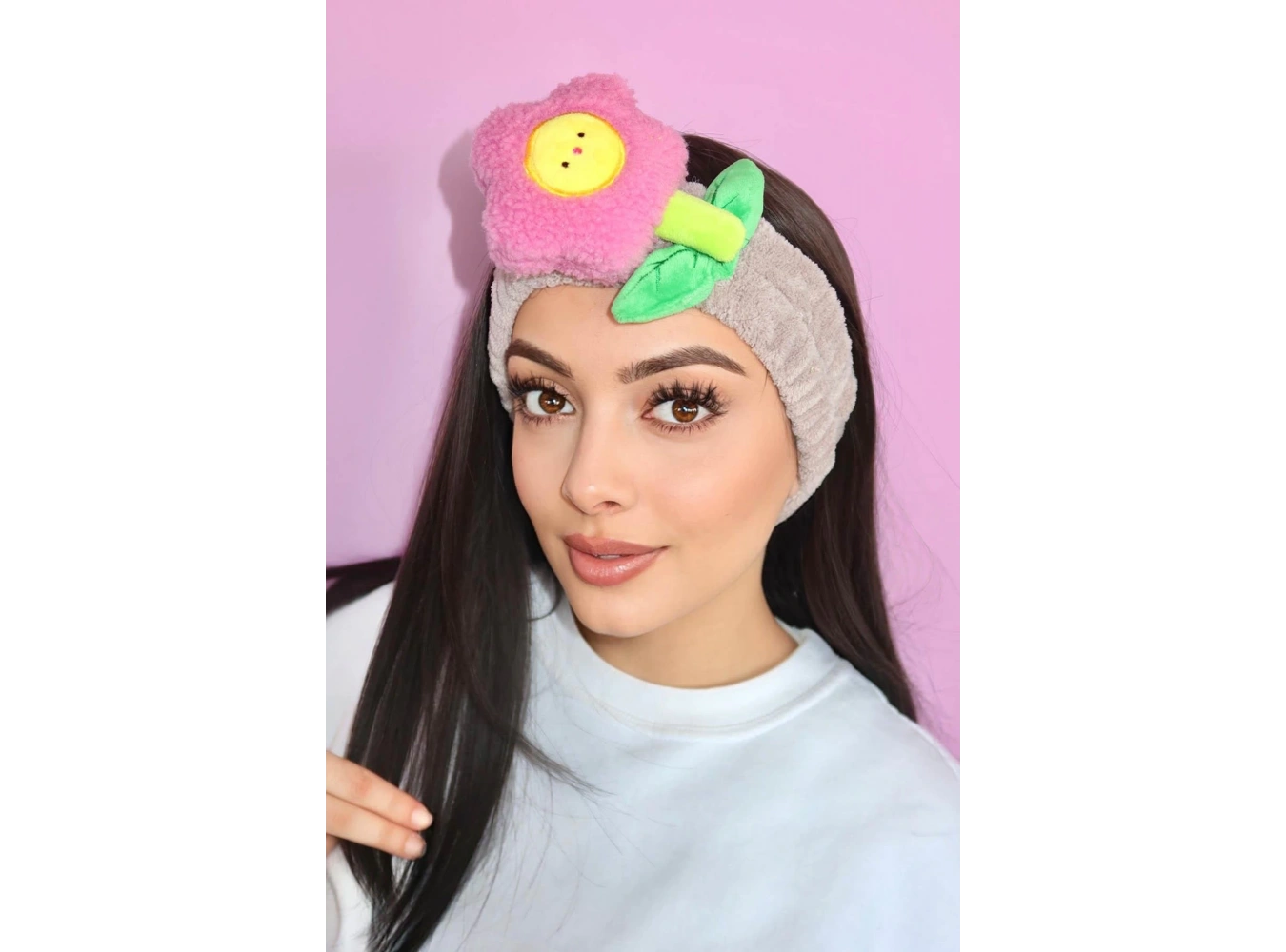 Kahve Renk Çiçek Figürlü Peluş Saç Bandı