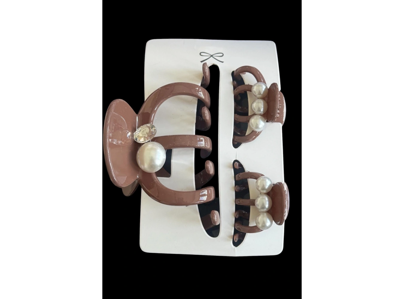 Kahve Renk İnci Detaylı 3lü Kemik Mandal Toka Set