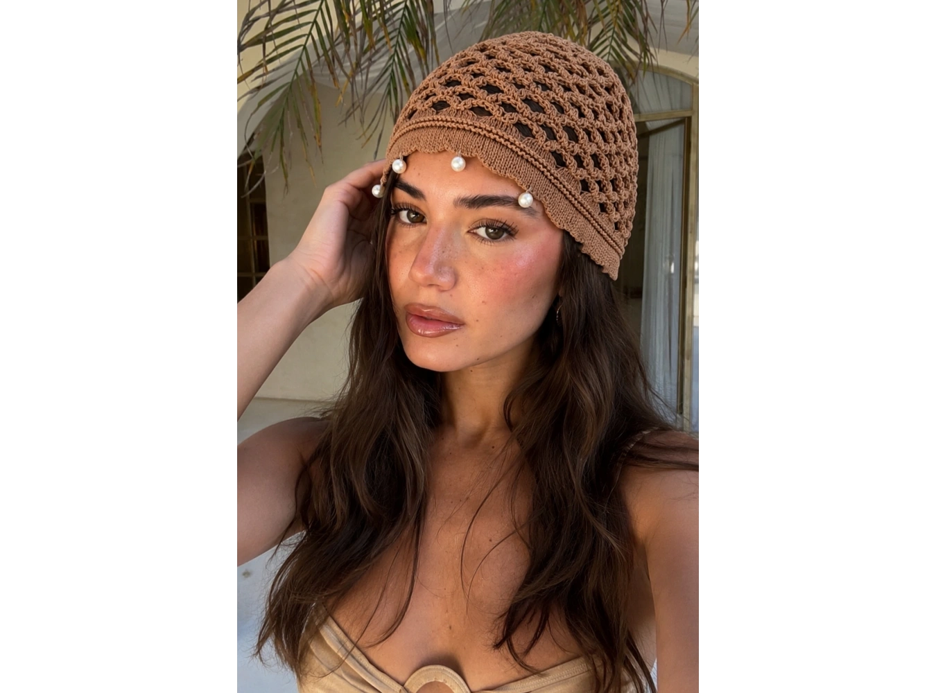Kahve Renk İnci Detaylı Örgü Saç Bandana