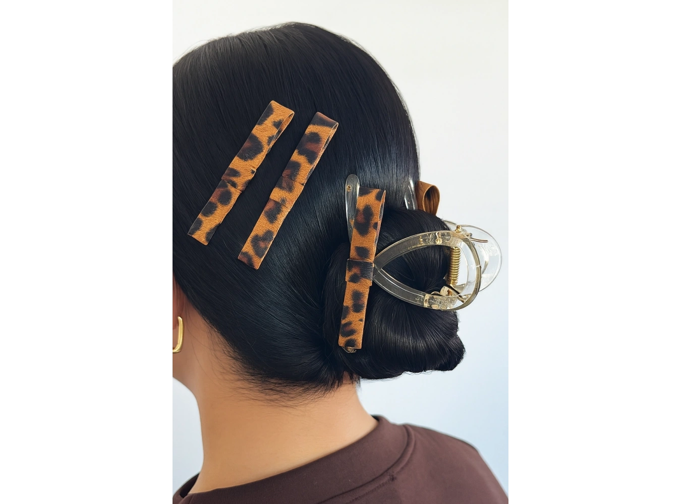 Kahve Renk Leopar Desenli Yan Toka Ve Mandal Toka Set