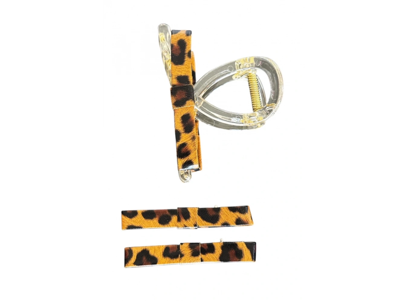 Kahve Renk Leopar Desenli Yan Toka Ve Mandal Toka Set