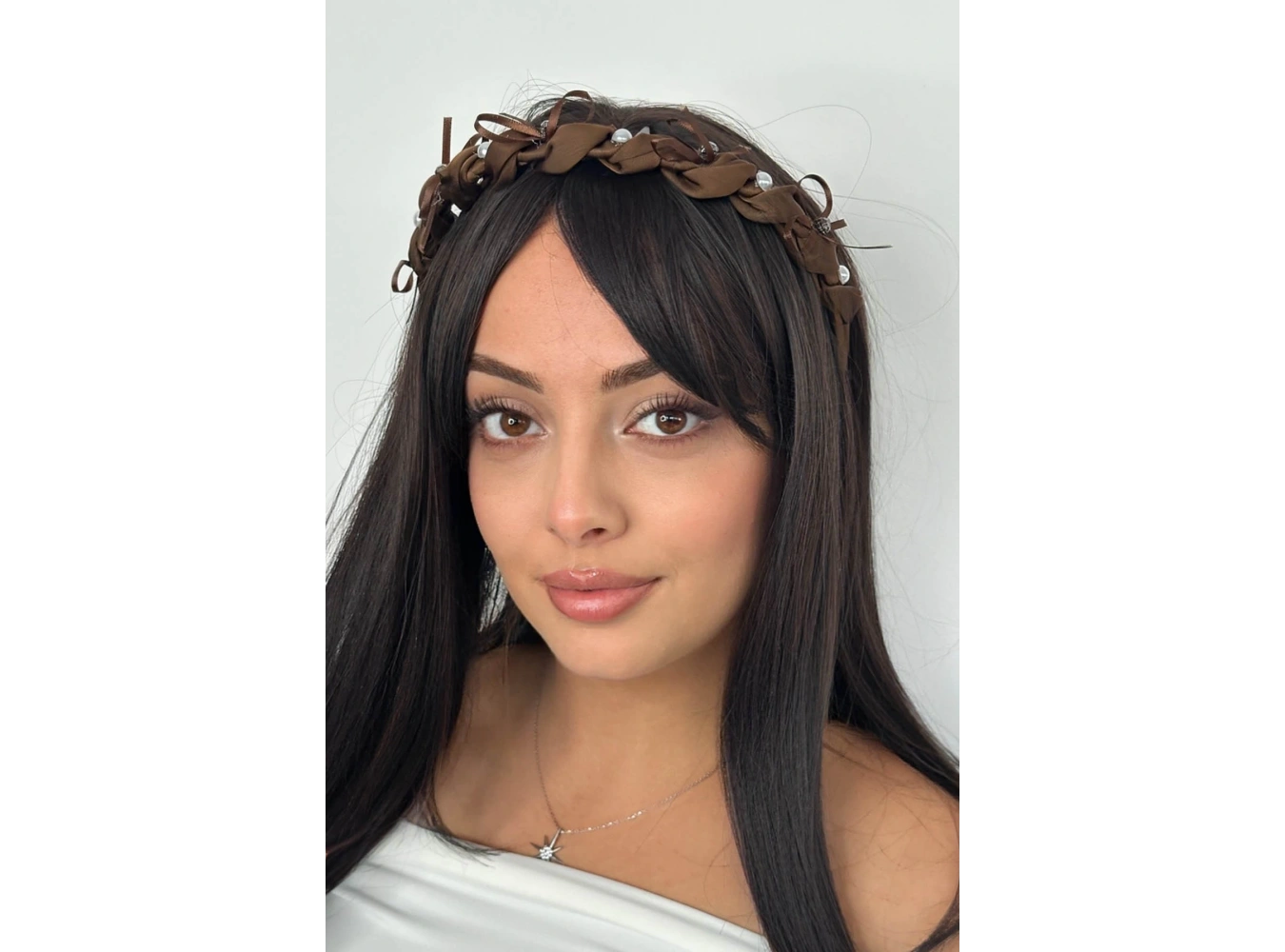 Kahve Renk Taş Ve İnci Detaylı Taraklı Taç