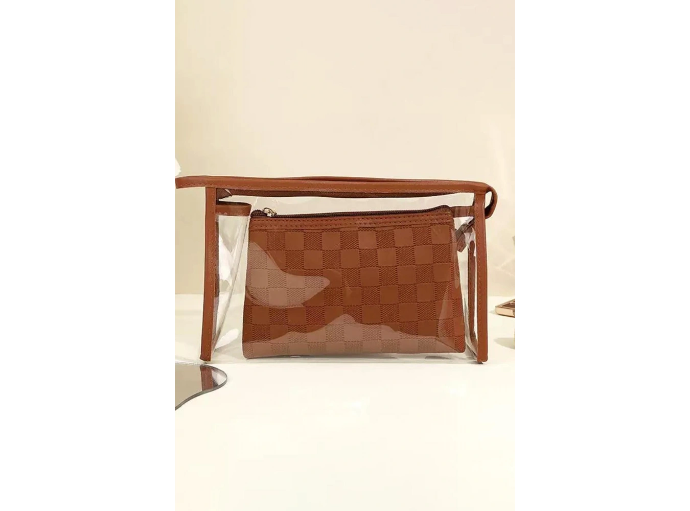 Kahverengi 2li Şeffaf Makyaj Çantası
