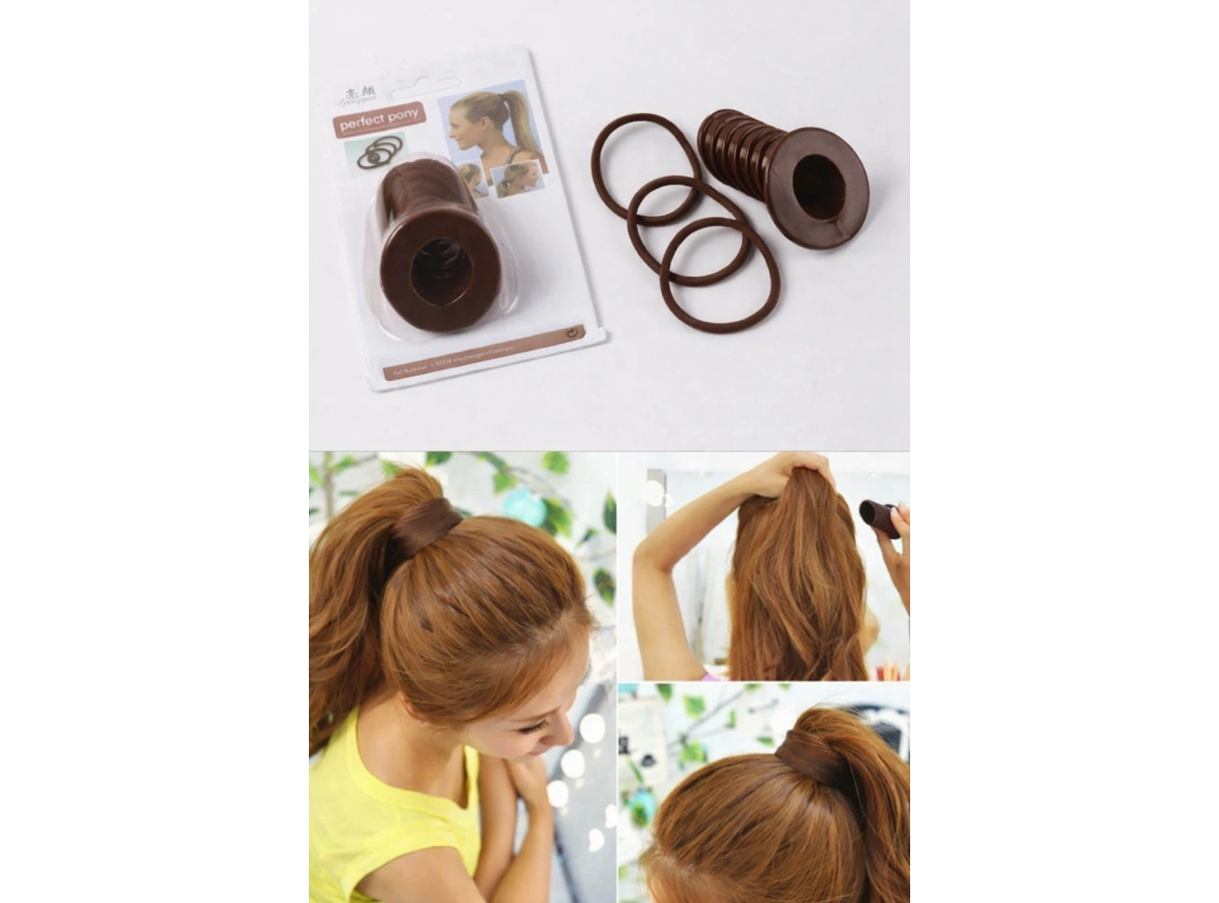 Kahverengi Hacimli At Kuyruğu Yapma Aparatı Ve Lastik Toka Set