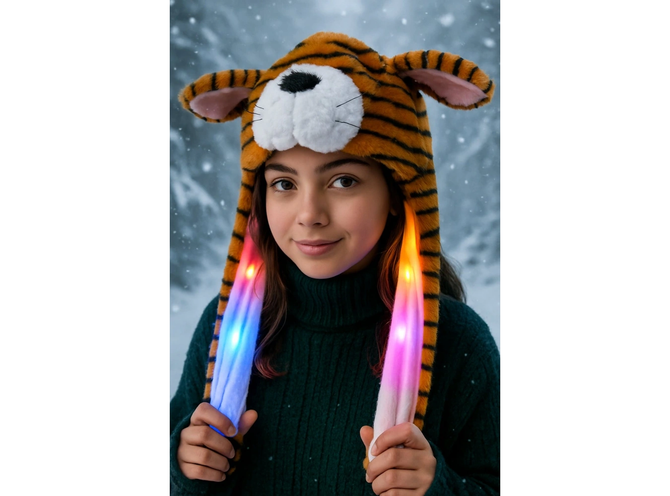 Kahverengi Kaplan Figürlü Işıklı Kulakları Oynayan Peluş Şapka