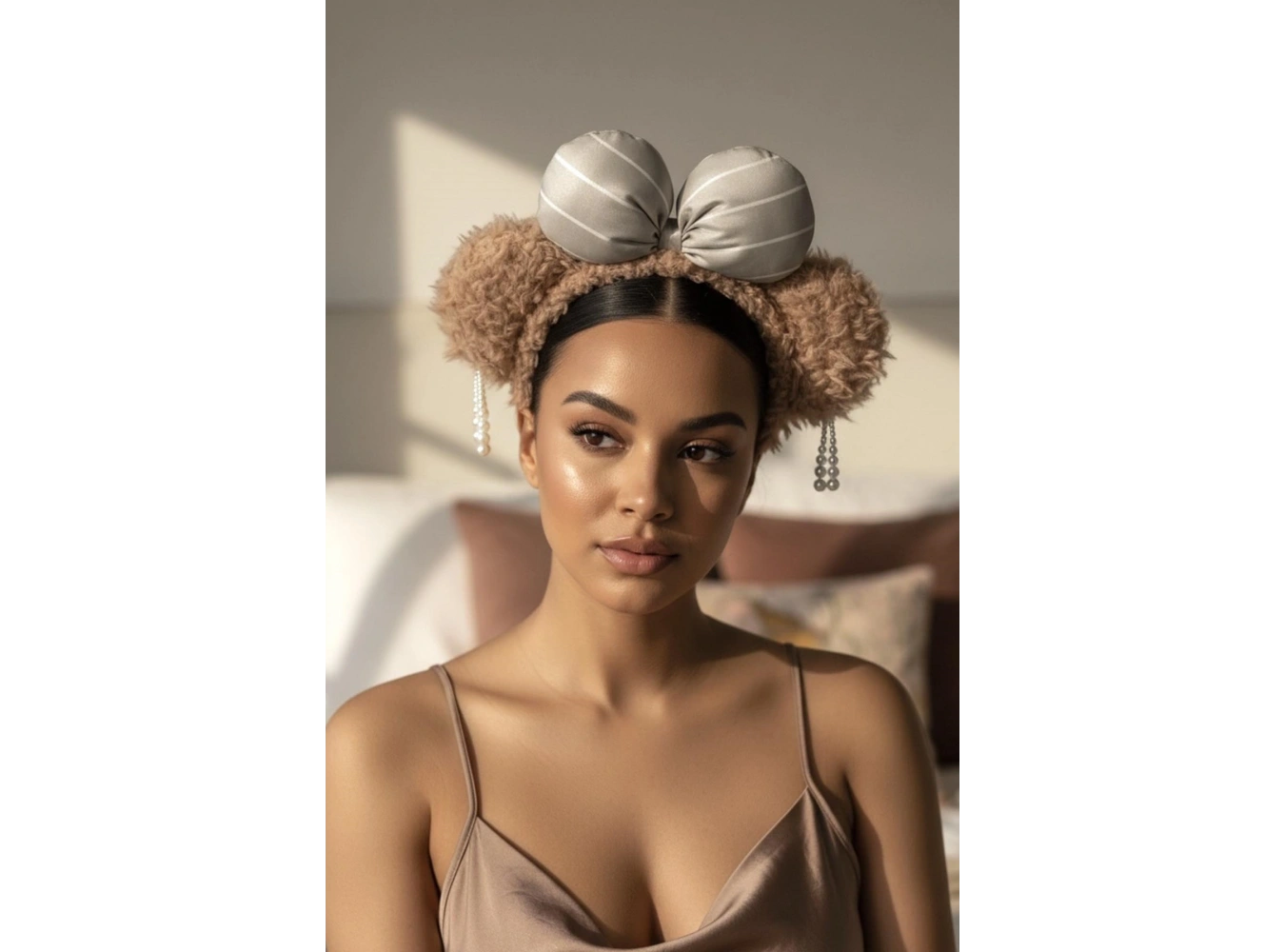 Kahverengi Kurdele Detaylı İnci Sallantılı Peluş Taç