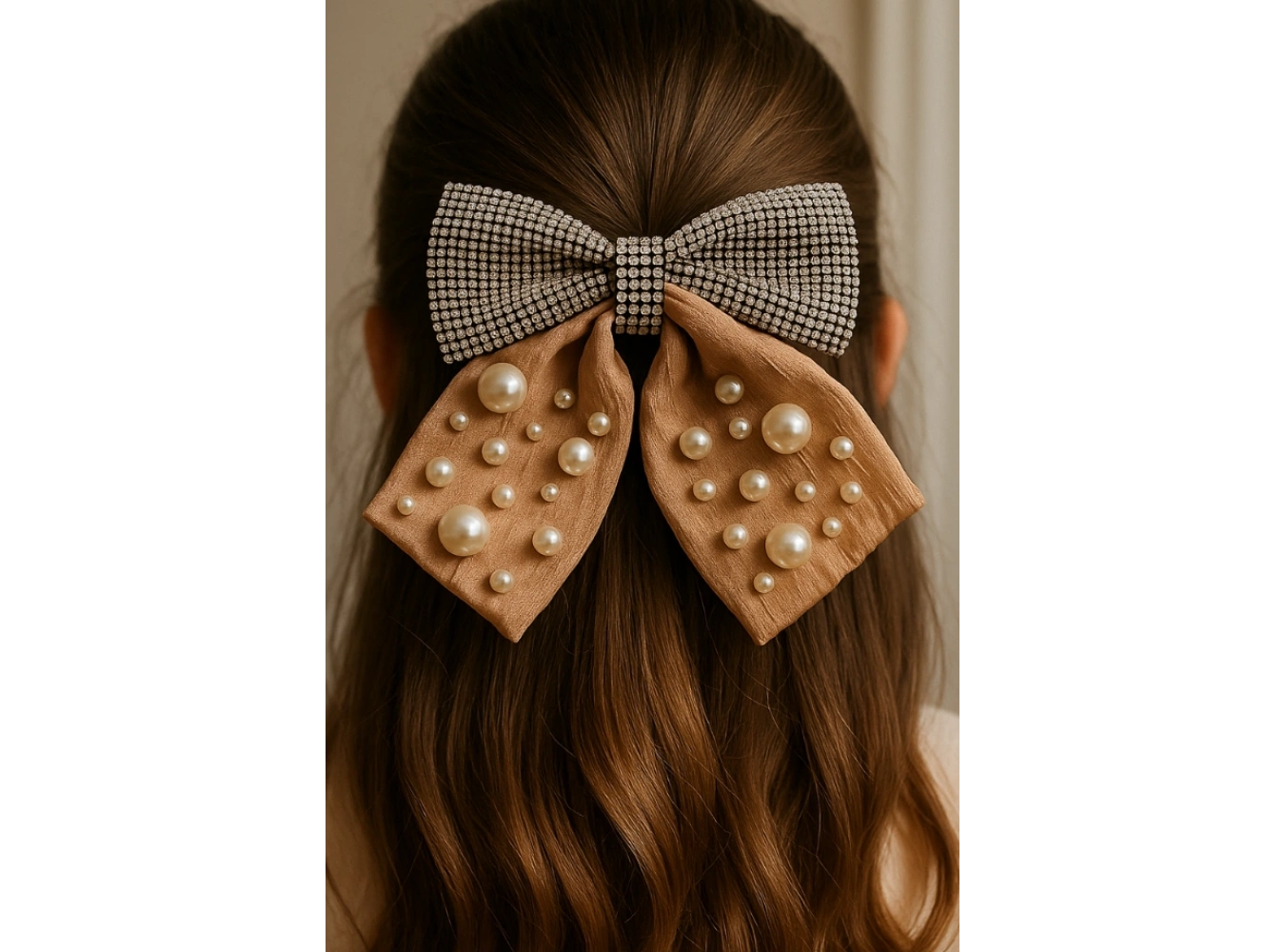 Kahverengi Kurdele Figürlü İnci Ve Taş Detaylı Otomat Toka