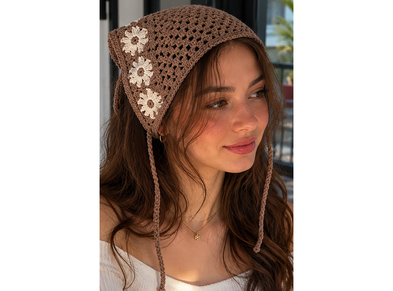 Kahverengi Renk Çiçek Desenli Örgü Saç Bandana