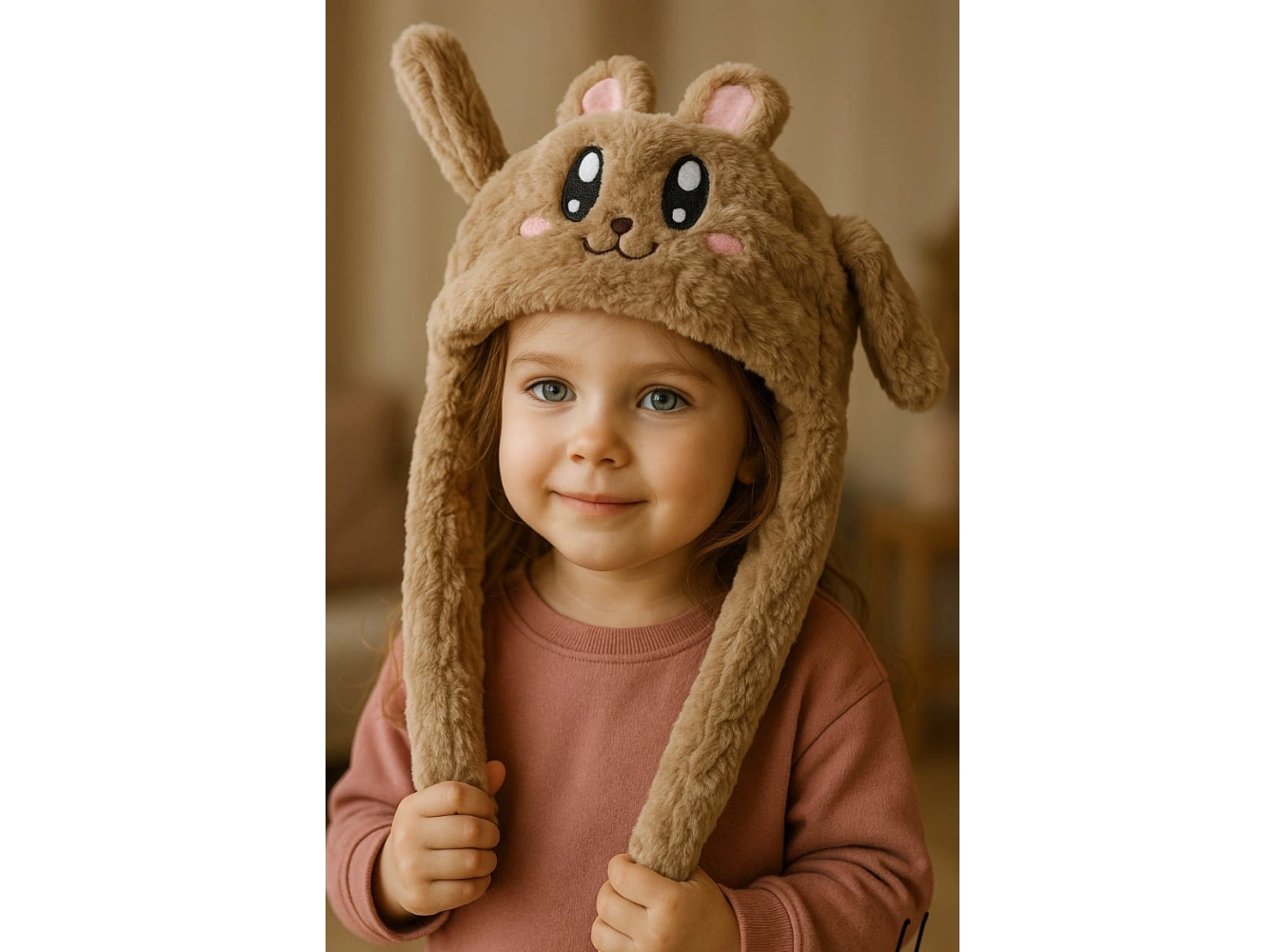 Kahverengi Tavşan Figürlü Kulakları Oynayan Peluş Şapka