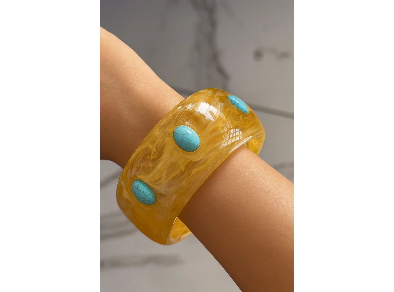 Kahverengi Ve Mavi Renk Taş Detaylı Kalın Kemik Mika Bileklik