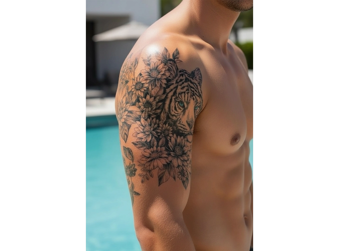 Kaplan Ve Çiçek Figürlü Geçici Dövme Tattoo