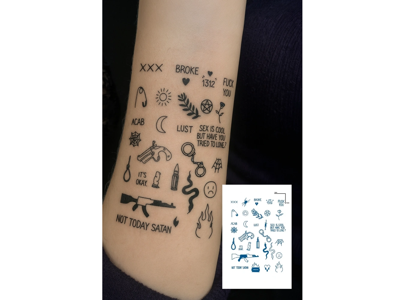Karışık Figürlü 12 Saat Sonra Kararan Geçici Dövme Tattoo
