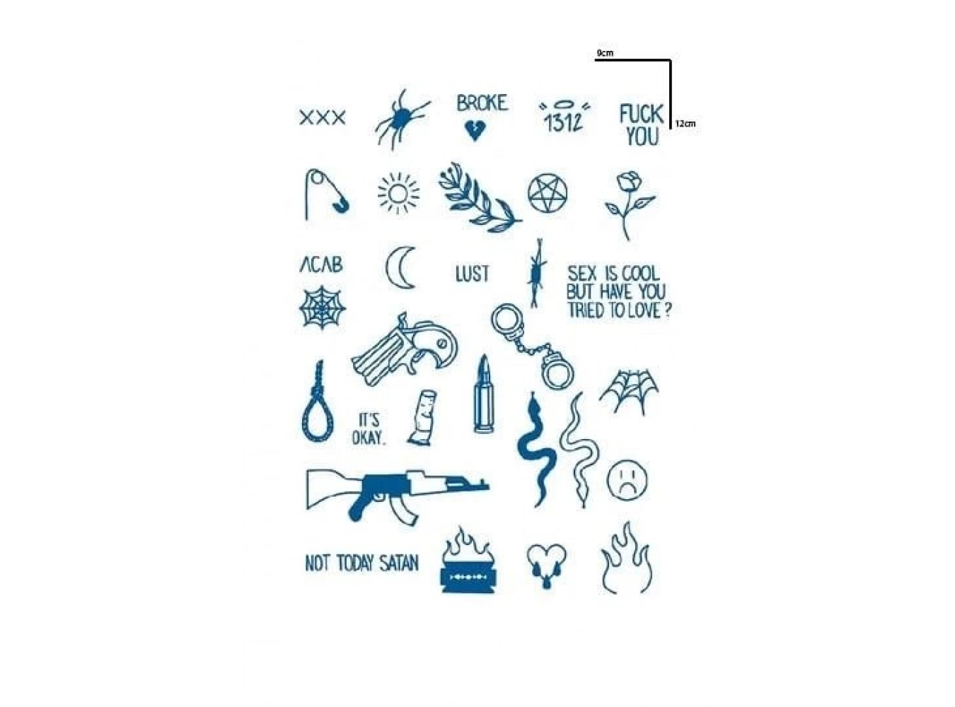 Karışık Figürlü 12 Saat Sonra Kararan Geçici Dövme Tattoo