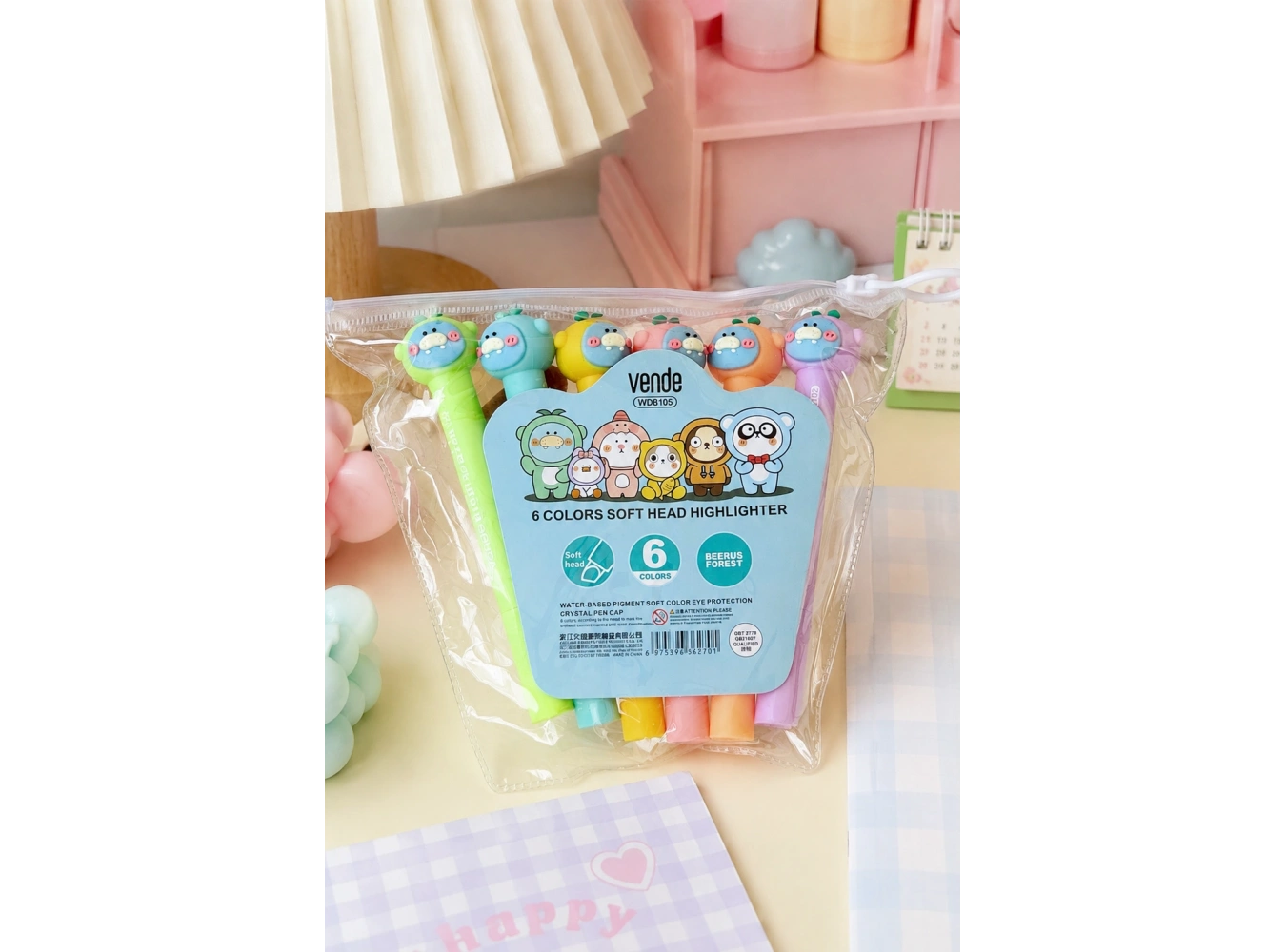 Karışık Renk Ayıcık Figürlü 6lı Fosforlu Kalem Set