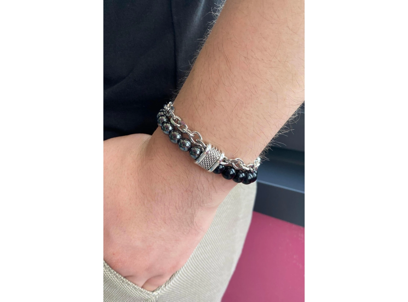 Karışık Renk Boncuk Detaylı Erkek Bileklik